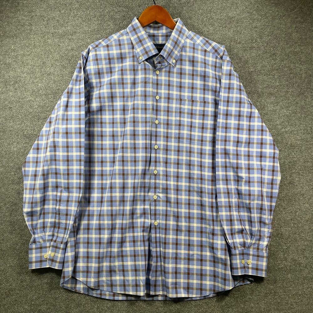 Scott Barber Button Down Shirt Men's XL Blue/Brown Plaid Adjustable Cuff Casual